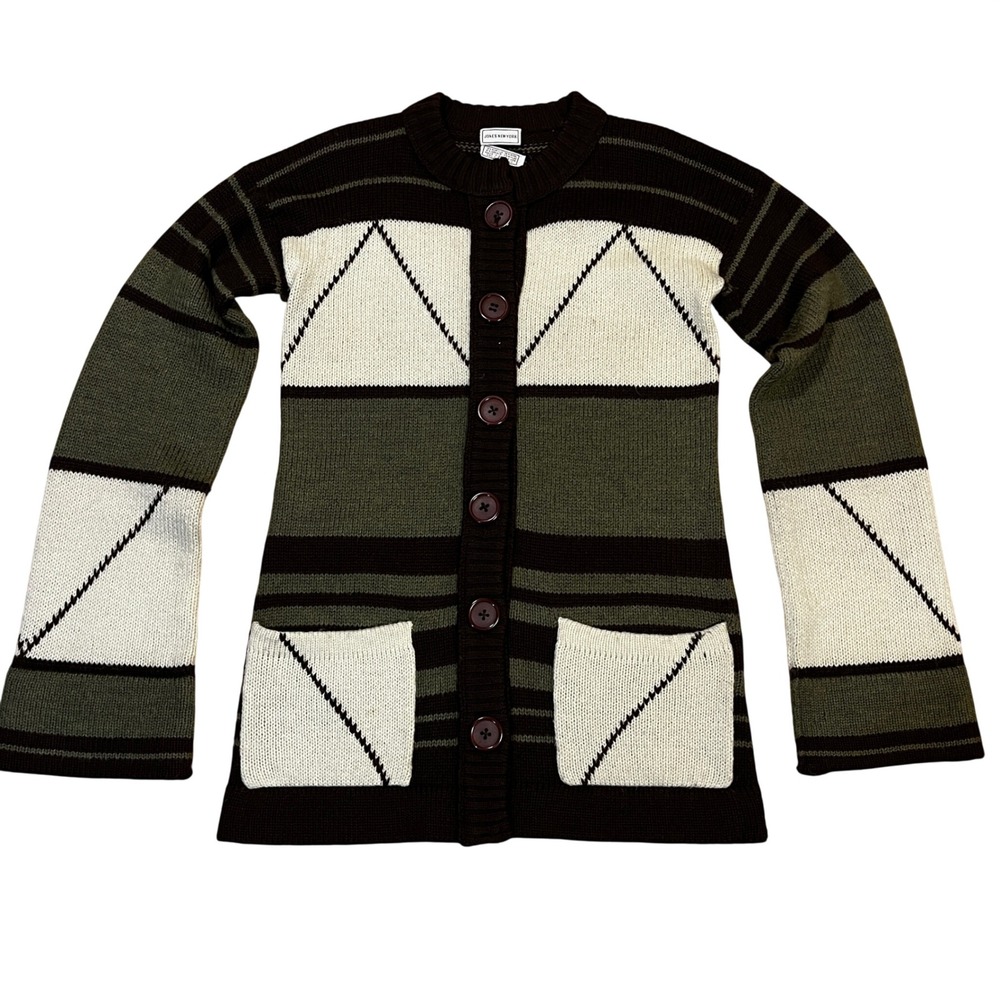 Vintage 90s Jones New York Wool Mohair Cardigan M Brown Green Geometric Earthy